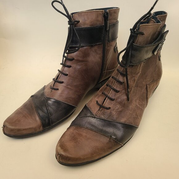 Vtg Dorking Brown & Black Leather Lace Up Ankle Boots Sz 39 Pointed Toe Witchy - Picture 3 of 14